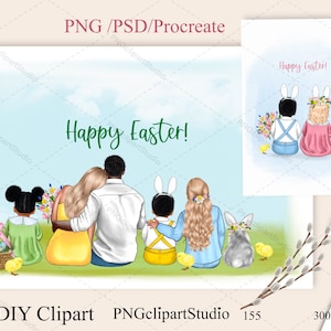 Clipart famille Pâques, créateur de portraits de famille bricolage, famille assise, carte de Pâques bricolage, joyeuses Pâques !