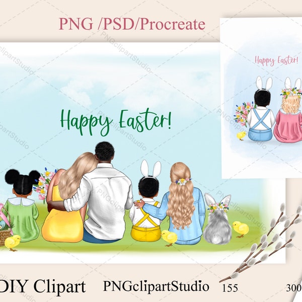 Easter Family Clipart, DIY Family Portrait Maker, Sitting Family, DIY Easter Card, Happy Easter!
