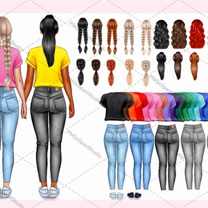DIY-clipart meisjesrug, beste vrienden-clipart, gratis commercieel gebruik, familie-clipart, meerdere aanpasbare besties