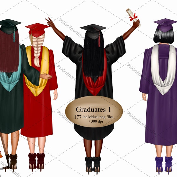 Clipart de niñas de graduación, sublimación, PNG, creador de retratos DIY, regalo de graduación, graduados 2024, diplomas, vino espumoso, flauta, peinados