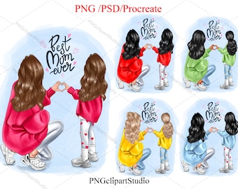Mother clipart, Girl clipart, Family clipart, Children clipart, Daughter clipart, Family illustration