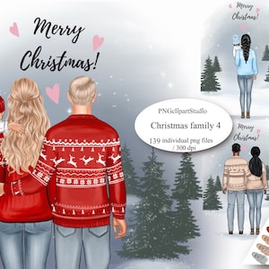 Clipart familial de Noël, Clipart saisonnier, Clipart d’hiver confortable, Parents et enfants, Clipart de Noël, Clipart du Nouvel An, Noël en famille