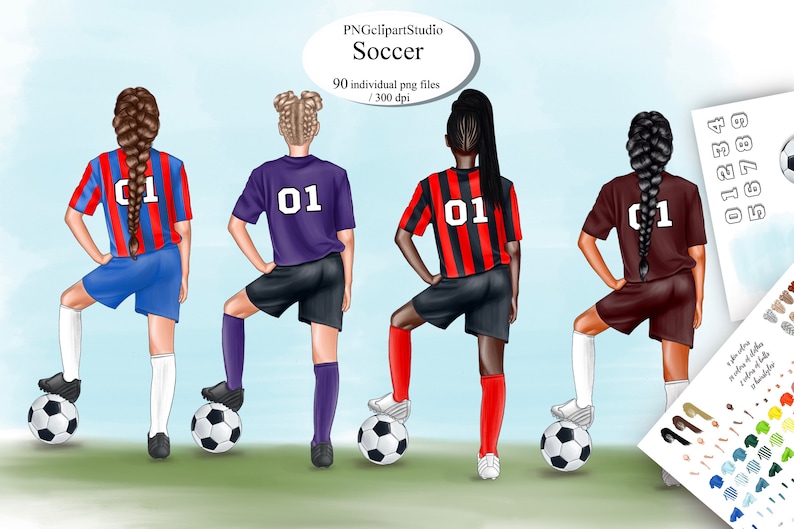 May include: Four girls wearing soccer uniforms with the number 01 on their jerseys. They are standing on a green field with soccer balls at their feet. The girls have different hair colors and styles. The image includes a variety of skin tones.