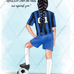 May include: A young woman wearing a blue and black soccer jersey with the number 01 on the back. She has long black hair in a braid and is standing with her right foot on a soccer ball. The background is a light blue sky with a green field.