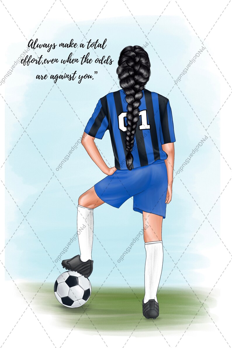 May include: A young woman wearing a blue and black soccer jersey with the number 01 on the back. She has long black hair in a braid and is standing with her right foot on a soccer ball. The background is a light blue sky with a green field.