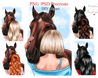 Meisje met paard, aanpasbare clipart. DIY-clipart om een persoonlijk cadeau te maken.