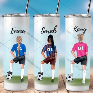 May include: Three white tumblers with a straw, each featuring a cartoon girl soccer player with a soccer ball. The tumblers are personalized with the names "Emma", "Sarah", and "Kerry".