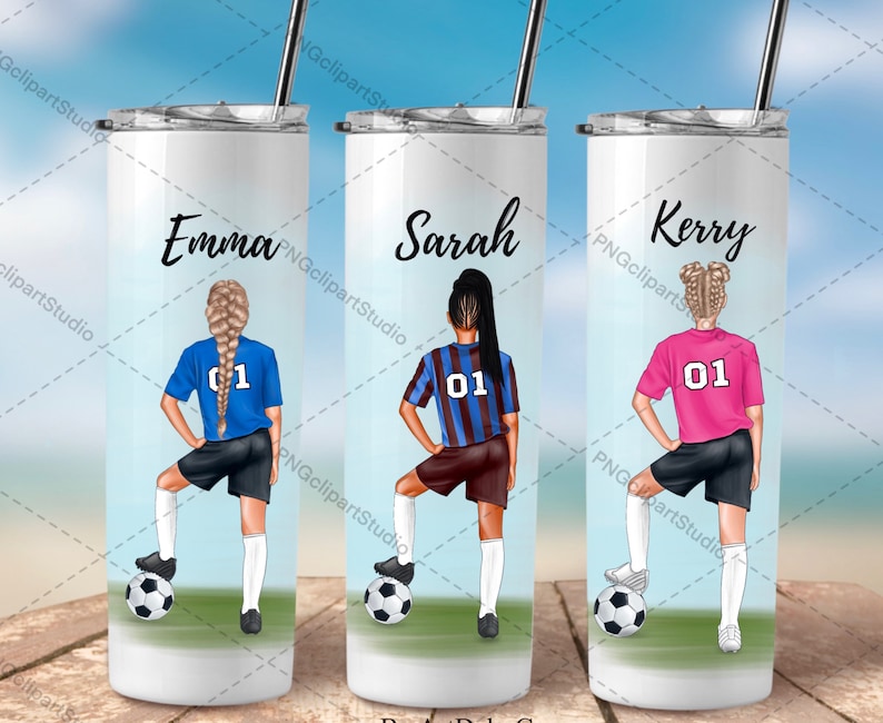 May include: Three white tumblers with a straw, each featuring a cartoon girl soccer player with a soccer ball. The tumblers are personalized with the names "Emma", "Sarah", and "Kerry".