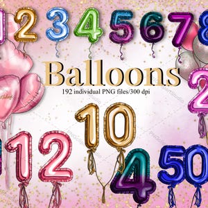 Könnte beinhalten: Eine Sammlung farbenfroher Zahlenballons, darunter die Zahlen 0-9, 10, 11, 12, 21 und 50, in verschiedenen Metallic- und Unifarben. Rosa herzförmige Luftballons und goldene Luftballons sind ebenfalls vorhanden. Das Wort "Balloons" ist in Gold geschrieben.