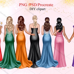 May include: Seven women in different coloured evening gowns stand side by side. The women are facing forward with their backs to the viewer. The gowns are red, green, orange, black, blue, pink, and purple.