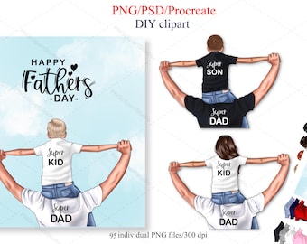 Clipart del día del padre feliz, clipart de bricolaje de papá e hijo, clipart personalizado de papá e hija.