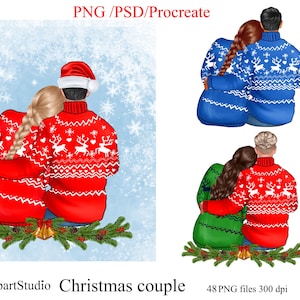 冬のカップルのクリップアート、休日のポートレートメーカーのカスタマイズ可能なクリスマスのクリップアート。パーカーファッションガールのクリップアート、ロマンチックな家族のカップル。