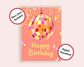 Anniversaire boule disco imprimable | Carte de joyeux anniversaire disco rose numérique | Carte de vœux boule à facettes | Carte girly pour elle | Téléchargement instantané