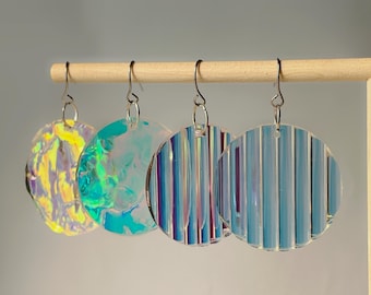 2 pairs of Iridescent Acrylic Round Earrings – Statement Dangle Jewelry