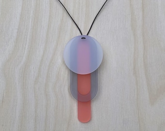 Geometric Acrylic Necklace – Pink White & Grey Pendant, Bold Perspex Jewellery