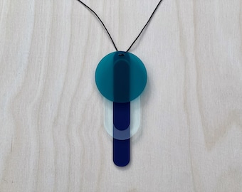 Geometric Acrylic Necklace – Teal & Blue Pendant, Bold Perspex Jewellery