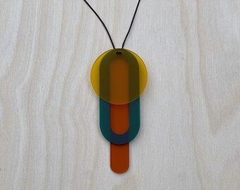 Geometric Acrylic Necklace – Green, Orange & Yellow Pendant, Bold Perspex Jewellery