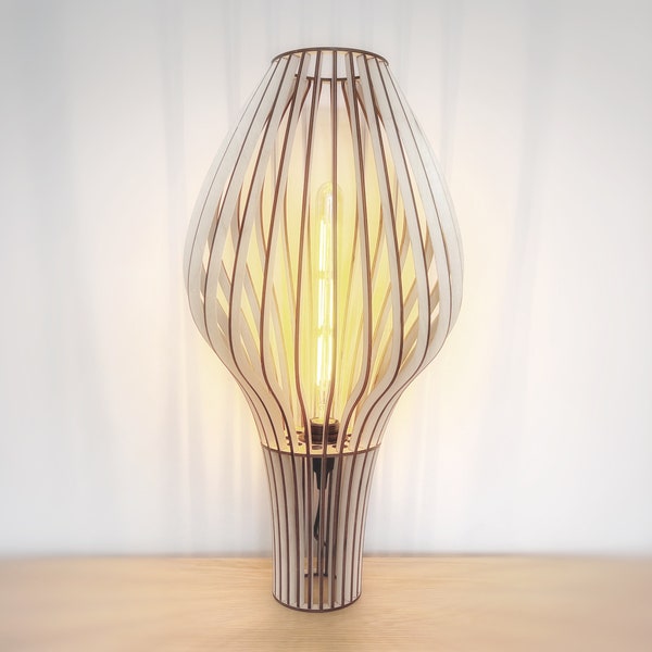 Wooden Mid Century Parametric Sculpture Table Lamp, Bedside or Desk Lighting. Unique Asymmetric Design, Scandi Birch Plywood Lantern Cyrus