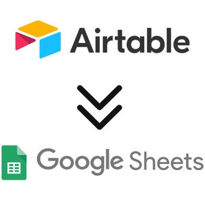 May include: A graphic showing data transfer from Airtable to Google Sheets. The Airtable logo is a colorful cube with a red, blue, and yellow design. The Google Sheets logo is a green spreadsheet icon. An arrow pointing down indicates the direction of data transfer.
