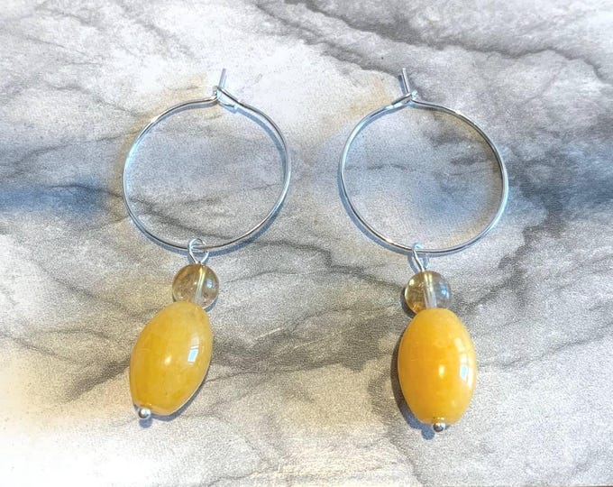 Yellow Jade and Citrine Stainless Steel Hoop Earrings – Solar Energy, Prosperity, and Optimism