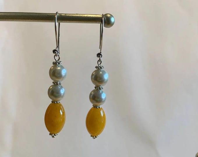 Yellow Jade, Pearl, and Antique Silver Earrings – Harmony, Calm, and Solar Energy