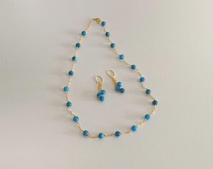 8mm Blue Apatite Necklace and Earrings Set – Gold-Plated 925 Silver and Brass
