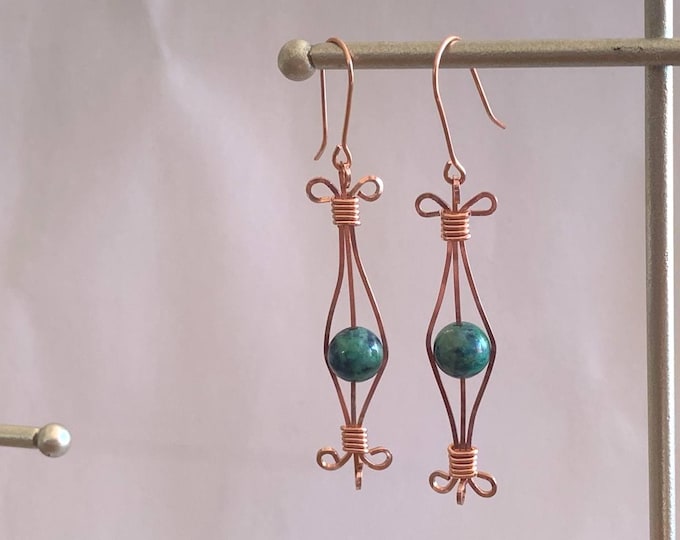 Handcrafted Pink Copper Earrings with Chrysocolla – Emotional Harmony, Communication, and Natural Beauty