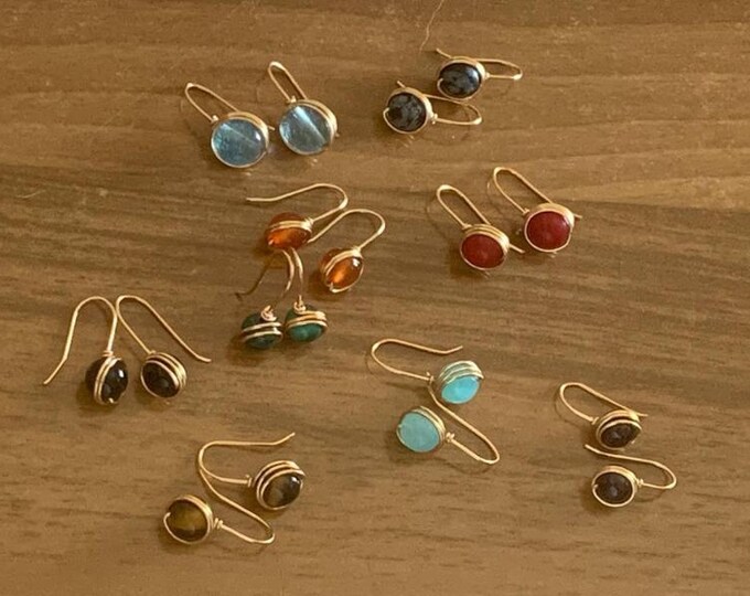 Copper and semiprecious stone dangle earrings - Moonstone, Coral, Tiger's Eye, Garnet, Snowflake Obsidian, Carnelian, Amazonite