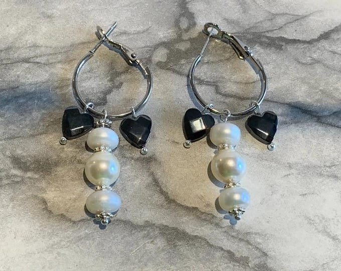 Stainless steel, pearl and natural hematite drop earrings