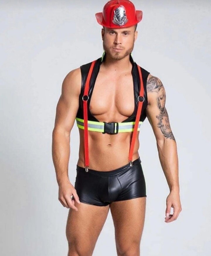 Mens Firefighter Costume Sexy Fireman Adults Fancy Dress Hen Night Stripper