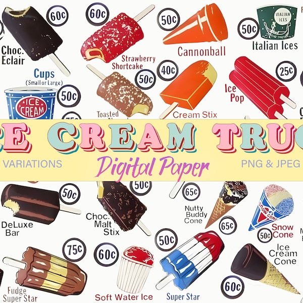 Ice Cream Truck Menu Transparent PNG, Frozen Treats, Retro Summer, 1980's Frozen Favorites Transparent Pattern PNG, Many Beautiful Uses