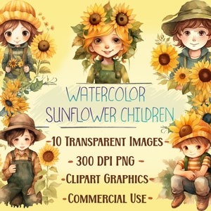 Skurrile Sonnenblume Freude: Aquarell Kinder Clipart-Set für spielerische Kreativität - 10 hochwertige PNG's - digitaler Download - Card Making