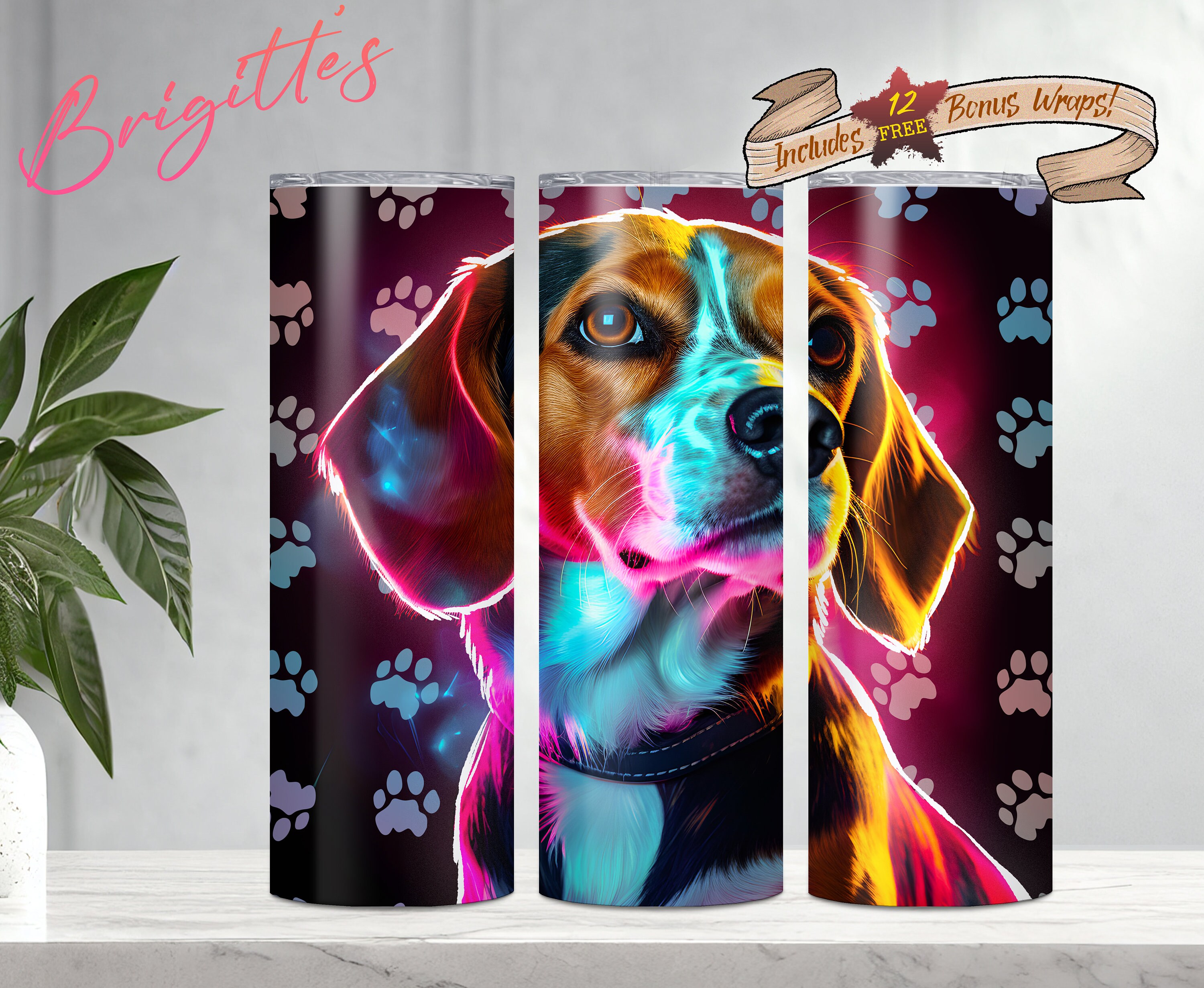 Neon Beagle Portrait Tumbler Wrap, 20 oz Skinny Tumbler Sublimation Design, Instant Digital Download PNG, Straight Tumbler Wrap, Paw Prints