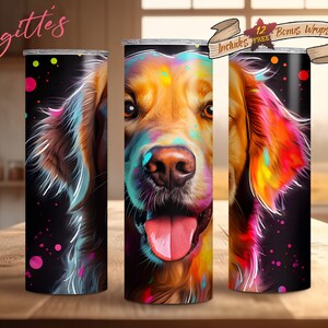 Neon Golden Retriever Tumbler Wrap, 20 oz Skinny Tumbler Sublimation Design, Téléchargement numérique instantané PNG, Straight Tumbler Wrap