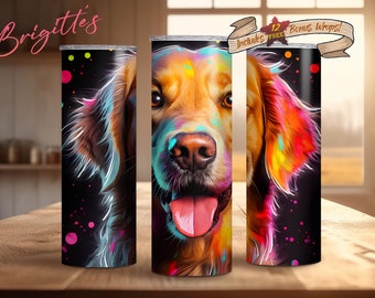 Neon Golden Retriever Tumbler Wrap, 20 oz Skinny Tumbler Sublimation Design, Instant Digital Download PNG, Straight Tumbler Wrap