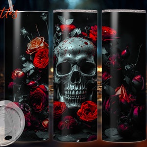 Skull and Roses Tumbler Wrap, 20 oz Skinny Tumbler Sublimation Design, Instant Digital Download PNG, Straight Tumbler Wrap - Halloween Art