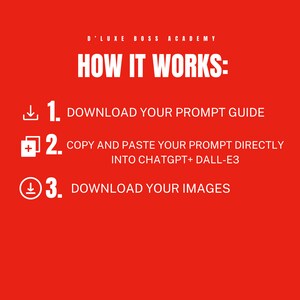 May include: A red background with white text that reads "D'LUXE BOSS ACADEMY" and "HOW IT WORKS:".  Below the text are three steps with icons: 1. Download your prompt guide, 2. Copy and paste your prompt directly into ChatGPT+ DALL-E3, and 3. Download your images.