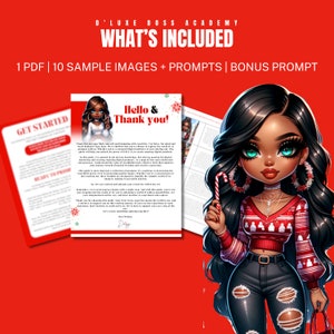 May include: A digital illustration of a cartoon girl with long black hair, wearing a red and white sweater, blue jeans, and large gold hoop earrings. She is holding a candy cane in her right hand. The text "Hello & Thank you!" is written in a pink and white font on a white background.