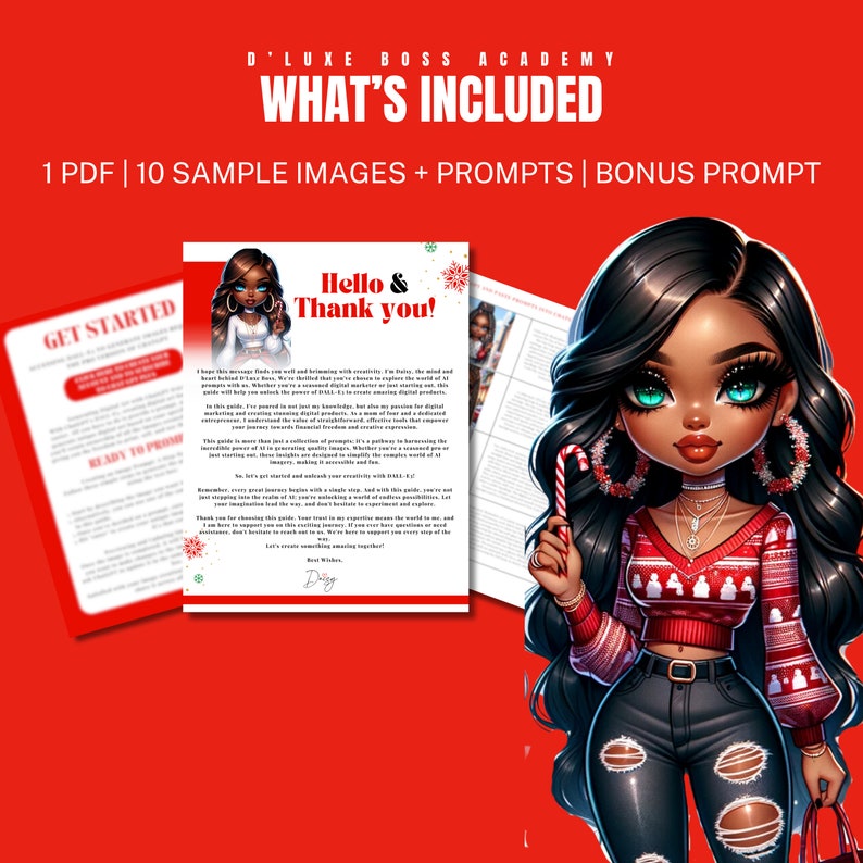 May include: A digital illustration of a cartoon girl with long black hair, wearing a red and white sweater, blue jeans, and large gold hoop earrings. She is holding a candy cane in her right hand. The text "Hello & Thank you!" is written in a pink and white font on a white background.