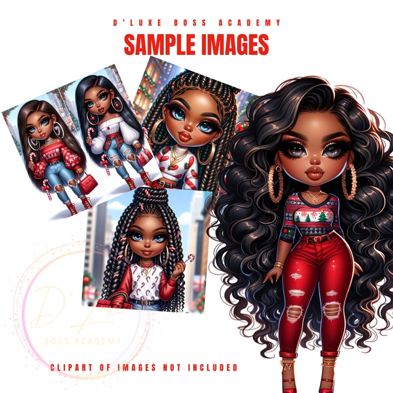 May include: A digital illustration of a Black woman with long curly hair wearing a red and green Christmas jumper, red jeans with rips, and gold hoop earrings. She is standing on a white background.