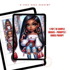 May include: A digital illustration of a Black girl with long black hair wearing a white sweater, red and black plaid shirt, blue jeans, and red and white candy cane. She is holding a red handbag and a candy cane. The background is a snowy winter scene with a Christmas tree.