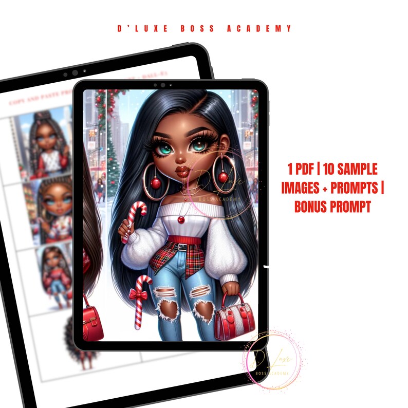 May include: A digital illustration of a Black girl with long black hair wearing a white sweater, red and black plaid shirt, blue jeans, and red and white candy cane. She is holding a red handbag and a candy cane. The background is a snowy winter scene with a Christmas tree.