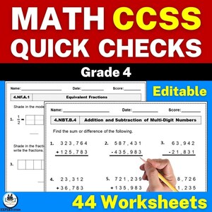 May include: A set of Grade 4 maths worksheets titled "MATH CCSS QUICK CHECKS". The worksheets cover equivalent fractions and multi-digit addition and subtraction. The image shows a hand holding a pencil, working on a problem.