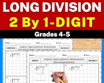 2 Digit by 1 Digit Long Division Worksheets With Remainders & No Remainders