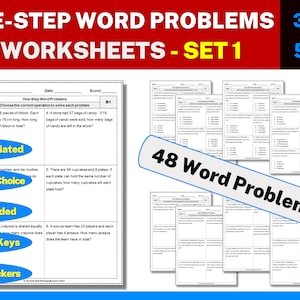 May include: A set of printable worksheets for 3rd to 5th grade students to practice solving one-step word problems. The worksheets are differentiated with multiple choice, open-ended, and answer keys. The set includes 48 word problems.