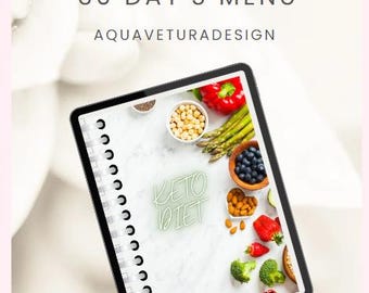 May include: A digital tablet displaying a keto diet plan with the text "Keto Diet Plan 30 Day's Menu". The tablet shows images of healthy food like vegetables, nuts, and berries. The background is white with a soft pink border.
