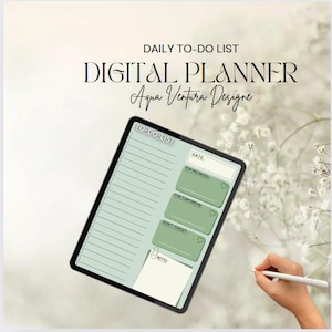 May include: A digital planner template with a green and white colour scheme. The template includes sections for "To-Do List", "Top Priorities", "For Tomorrow", "Don't Forget", and "Notes".