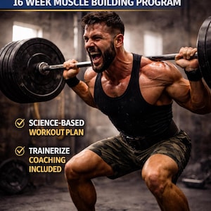 Può includere: Immagine che promuove un programma di costruzione muscolare di 16 settimane. Una persona solleva un bilanciere con pesi. Il testo include "Muscle Builder", "Science-Based Workout Plan" e "Trainerize Coaching Included". Il programma promette di aiutare gli utenti a guadagnare massa, forza e rompere i plateau.