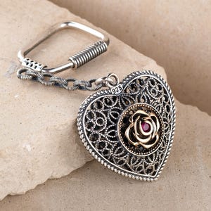 925 Sterling Silver Flower Keychain: Handmade Bronze Accent