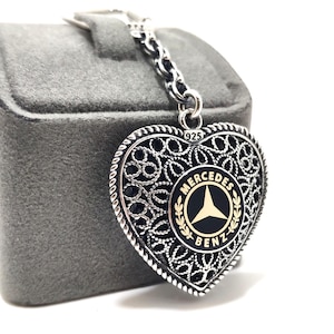 Sterling Silver Mercedes-Benz Keychain: Filigree Heart, Handmade Luxury